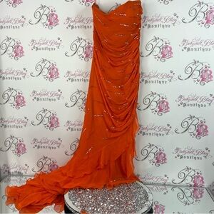 Xcite dress sequins sparkly fairy Prom Strapless Orange Gown Silver Accents